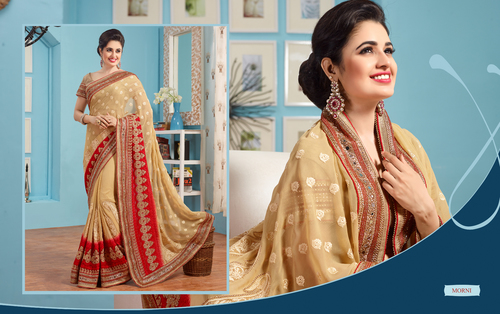 Geogrette Saree - Georgette Fabric, Cream Color, Dotted Pattern, Zari Work | Lightweight & Stylish for Any Occasion
