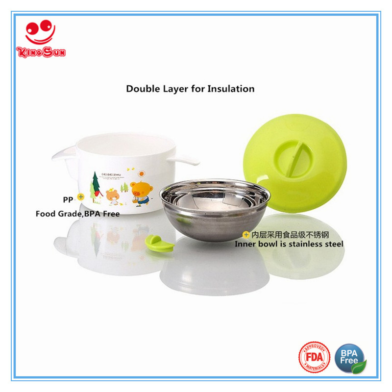 Blue Stainless Steel Plastic Water Injection Thermos Bowl For Baby