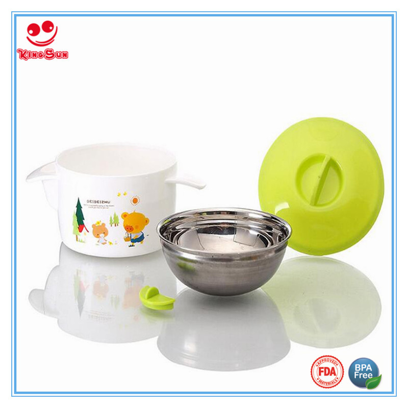 Blue Stainless Steel Plastic Water Injection Thermos Bowl For Baby