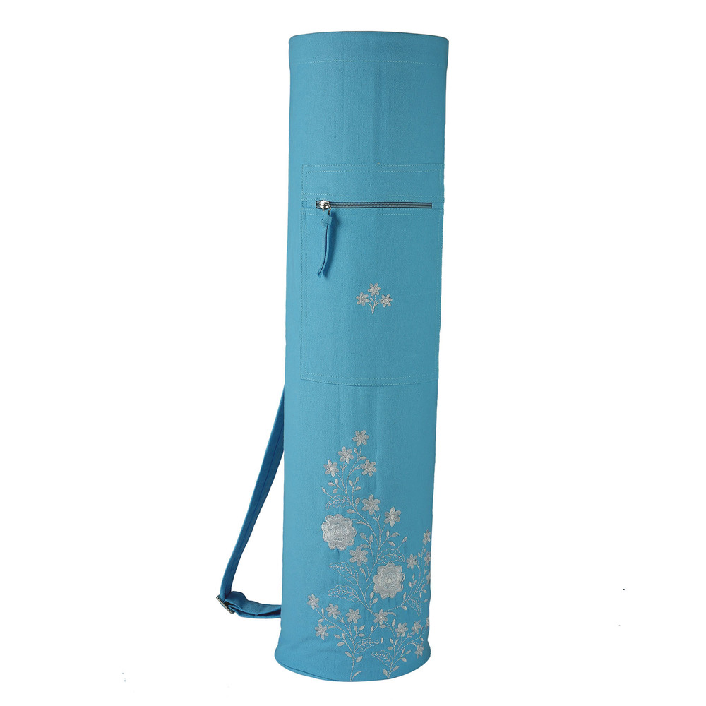 Wild-life Embroidery - Dyed Cotton Canvas, 75x19 cm, Sky Blue | Eco-Friendly, Drawstring Yoga Mat Bag, Hand Washable, Custom Logo Available