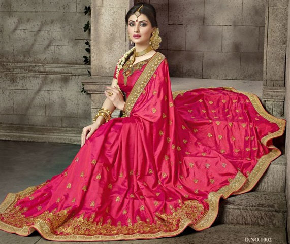 Pink Georgette Wedding Wear Saree - Georgette Fabric, Customized Size Up To 42" | Embroidered Handwork, Bollywood Style, Ethnic Indian Attire