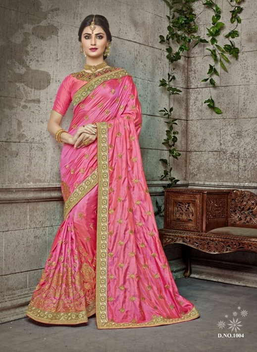 Pink Georgette Wedding Wear Saree - Georgette Fabric, Customized Size Up To 42" | Embroidered Handwork, Bollywood Style, Ethnic Indian Attire
