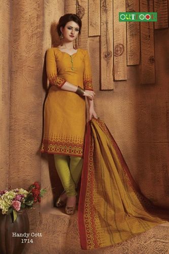 Cotton Salwar Suits - Cotton Silk, Short Sleeves, Yellow and Olive Green, Printed Pattern | Dry Cleanable, Washable, Suitable for Rainy, Spring, Summer, Winter