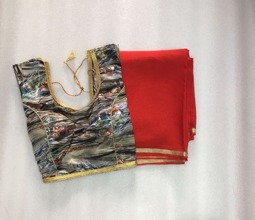 Red Georgette Saree With Printed Blouse