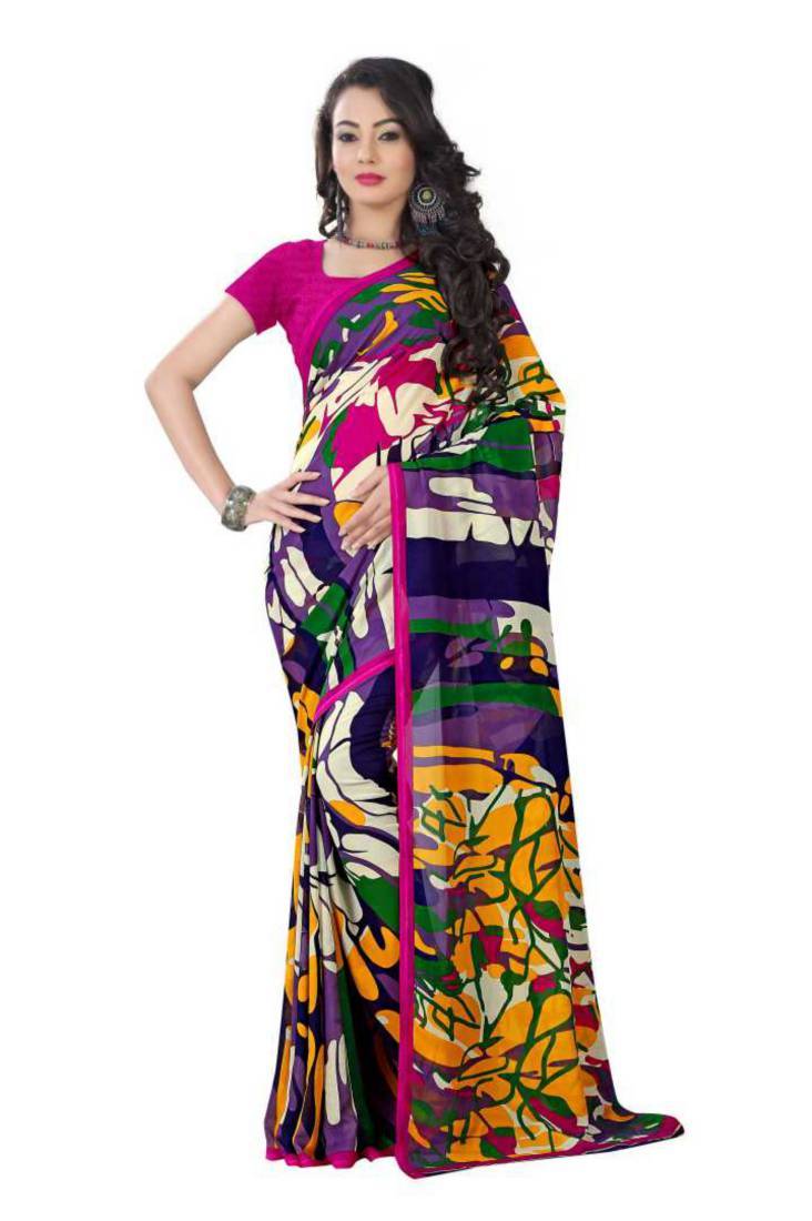 Beige Casual Printed Crepe Georgette With Blouse - Georgette Fabric, Customized Up To 40, Elegant Beige Color, Hand Embroidered Detailing, Crisp Printed Design