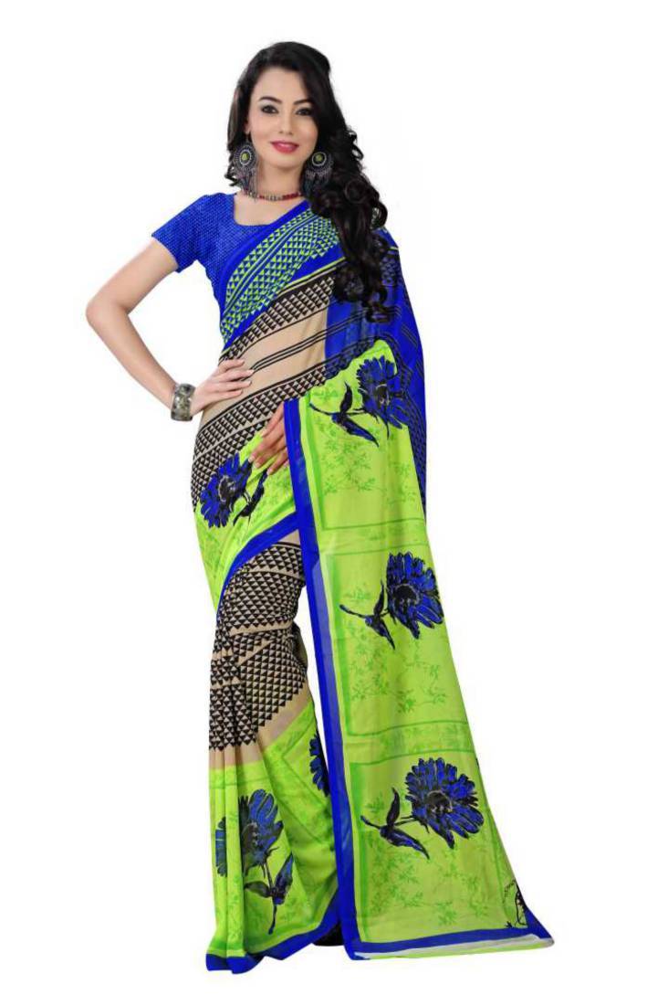 Beige Casual Printed Crepe Georgette With Blouse - Georgette Fabric, Customized Up To 40, Elegant Beige Color, Hand Embroidered Detailing, Crisp Printed Design