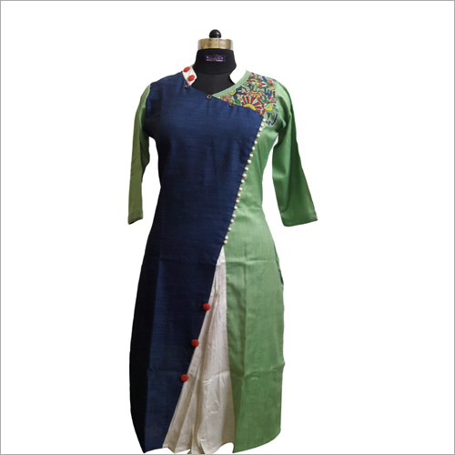 Anarkali Kurti - Cotton, Knee-length, Green Color, Three-quarter Sleeves, Asymmetrical Neckline | Comfortable Fit, Easy To Wash, Stylish Design, Shrink Resistant