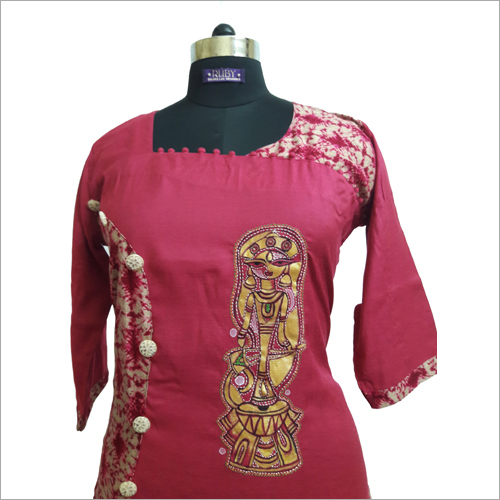 Linen Kurtis - Linen, Knee Length, Maroon, Round Neck | Gold Embroidery, Breathable Fabric, Comfortable Fit