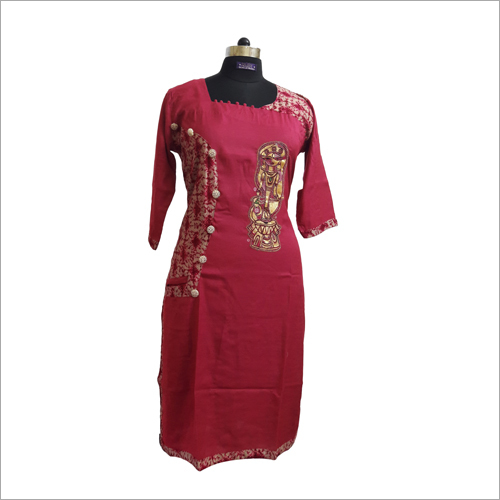 Linen Kurtis - Linen, Knee Length, Maroon, Round Neck | Gold Embroidery, Breathable Fabric, Comfortable Fit
