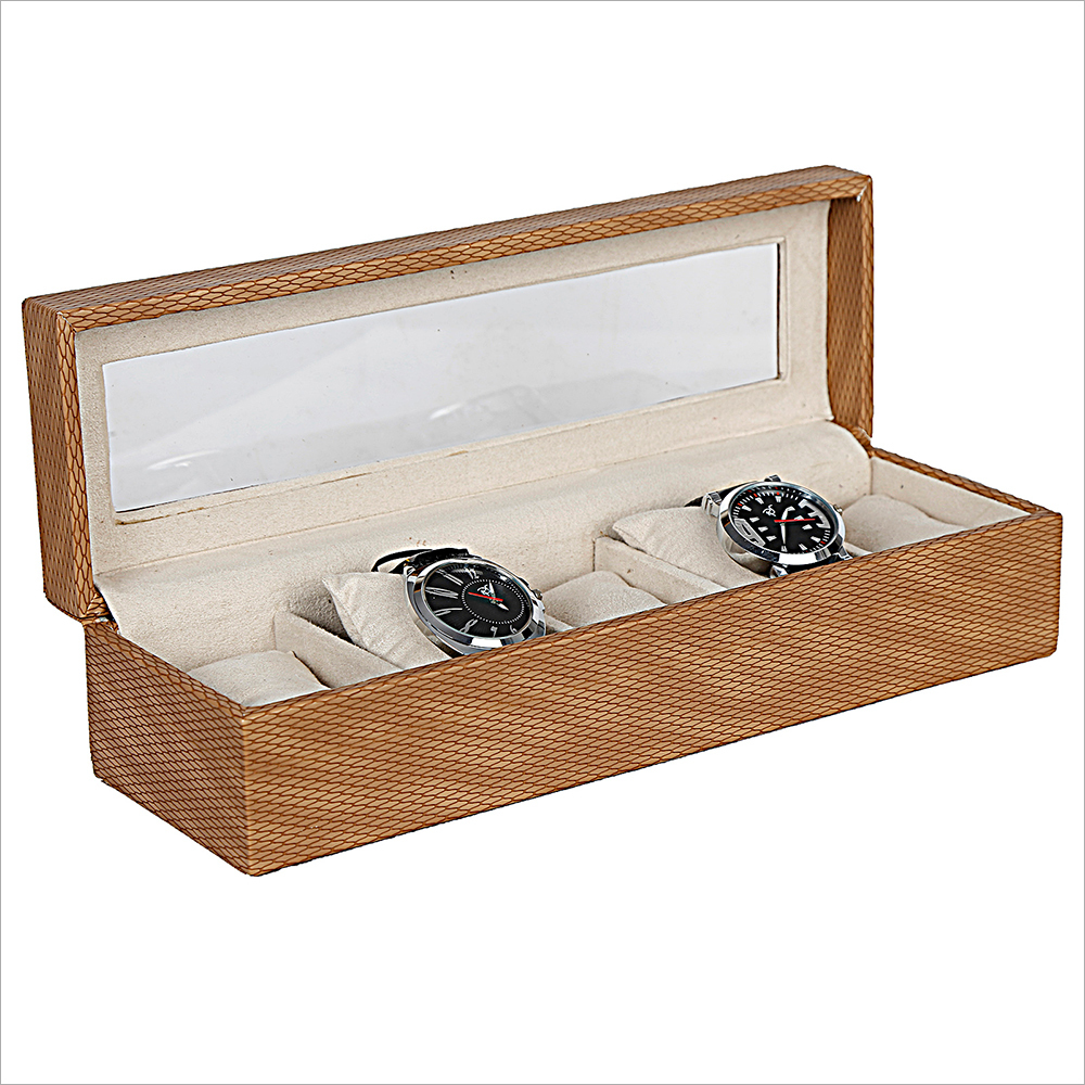 Hard Craft Watch Box - Width 13x Height 2.7x Depth 4 inches | Glossy Leather Finish, Eye-Catching Design for 5 Watches