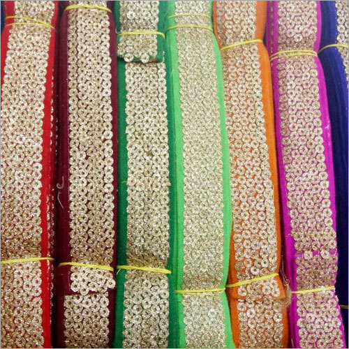 Velvet Sequence Work Laces - Silk, 9 Inches Length | One-sided Striped Pattern, Decorated With Sequins