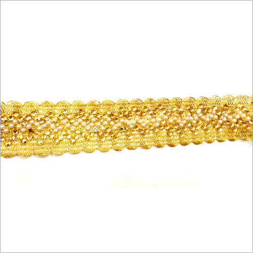 Stone Cut Work Laces - Silk, 9 Meter Length | One-Sided Design with Decorative Stone Accents and Striped Pattern