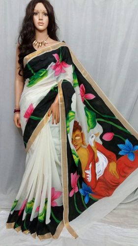 White Hand Printed Kerala Cotton Saree