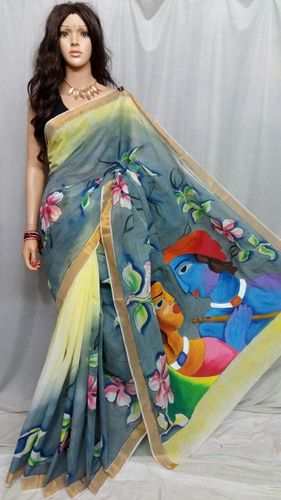 Grey Pure Cotton Kerala Hand Painted Saree