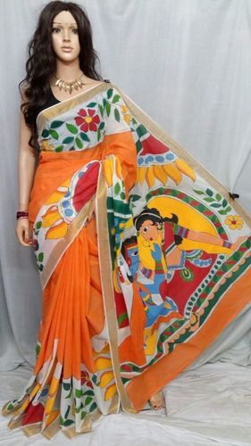 Orange Hand Painted Kerala Saree