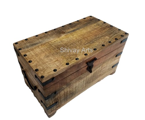 लकड़ी और लोहे का प्राकृतिक फ़िनिश ट्रंक बॉक्स ऑर्गनाइज़र
