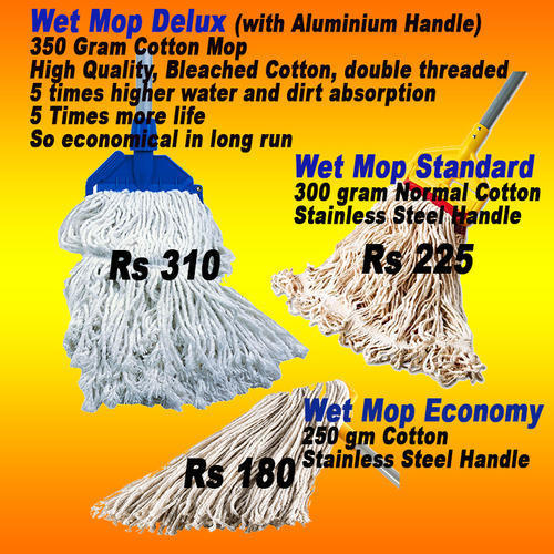 Wet Mop - 300 Gram Cotton Mop Head, 1.2m Aluminium/ms Handle | Heavy Duty, Color Coded Grip, Durable Clip In Blue, Green, Yellow, Red
