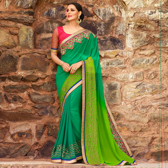 Georgette Saree - 5.5 M Length, Green Colour With Embroidered Border | Includes 0.80 M Blouse Piece, Lightweight And Elegant, Perfect For Weddings And Special Occasions