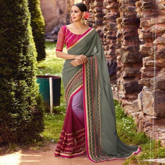 Georgette Saree - 5.5 M Length, Green Colour With Embroidered Border | Includes 0.80 M Blouse Piece, Lightweight And Elegant, Perfect For Weddings And Special Occasions