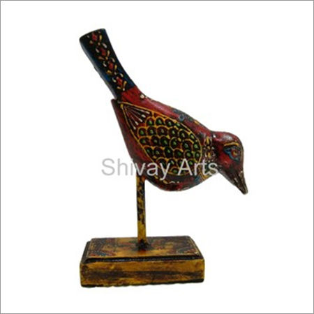 Wooden Multicolored Fine Embossed Bird On Stand Showpiece Figurine Statue