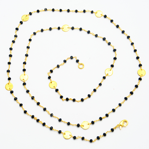 Black Onyx Gold Plated Beads Necklace - 36 Inch Length, 3-4mm Beads, Elegant and Stylish Design