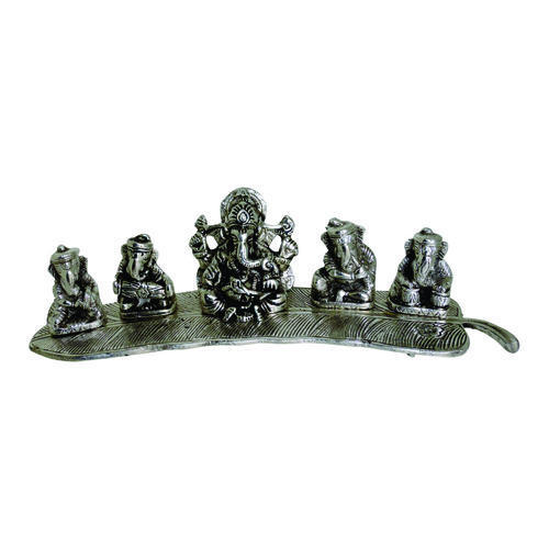 Antique Imitation Ganesha On Banana Leaf White Metal Pooja Idol