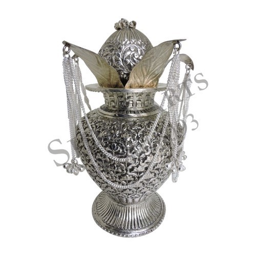 Silver Coating Antique Mangal Kalash With Nariyal Size: 10' Dia And 13' Height