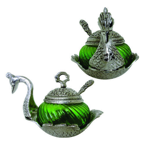 White Metal Duck Double Container Bowl with Lid and Spoon - 203.2*177.8*101.6 mm, Intricate Carvings, Engraved Patterns for Elegant Decor