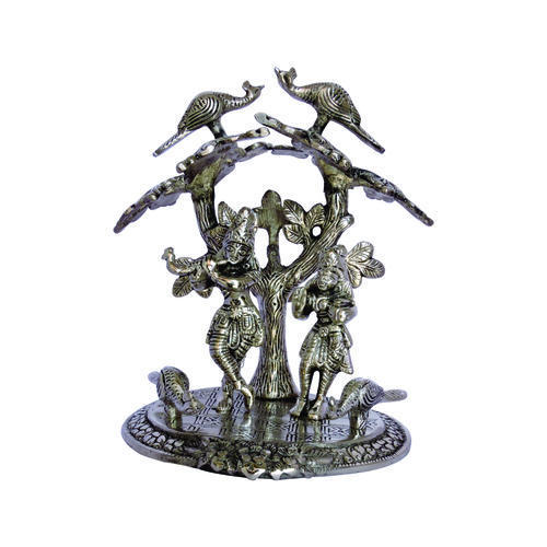 Folk Art White Metal Radha Krishna Statue - Under Tree