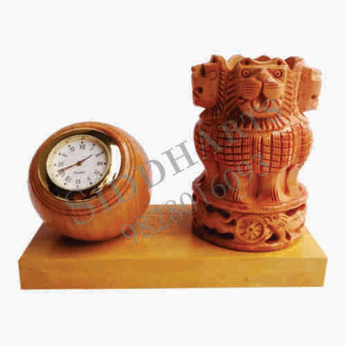 Wooden Desktop Clock With Ashoka Pillar Pen Stand