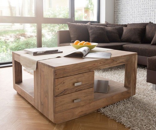 Wooden Coffee Table with Drawers - Acacia Wood, 90 x 90 x 46 cm | Handcrafted, Durable Finish, Easy to Clean, Stylish Design