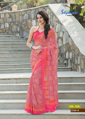 Daily Wear Printed Saree - Georgette Material, 5.5 Mtr Length + 0.80 Mtr Blouse | Soft Fabric, Eye-Catchy Design, Beautiful Pink Color Combination, Summer Style