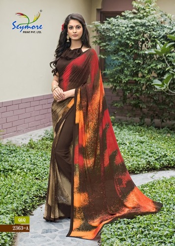 Digital Print Saree - Georgette, 5.5 Mtr + 0.80 Blouse , Brown Color with Captivating Digital Print Patterns and Dazzling Color Combination