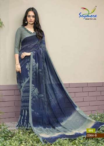 Synthetic Saree - Georgette 5.5 Mtr + 0.80 Blouse, Blue Printed Daily Wear | Trendy Pattern, Soft & Skin-friendly, Perfect For Casual Functions