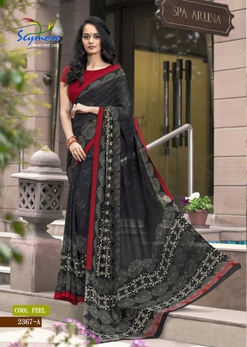Printed Georgette Saree - 5.5 Mtr Length + 0.80 Mtr Blouse, Black Bollywood Style for Summer Wear