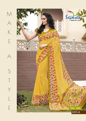 Plain Georgette Saree - Georgette Fabric, 5.5 Mtr + 0.80 Blouse , Yellow Color with Mesmerizing Prints, Shrinkage & Fade Proof, Daily Wear Style
