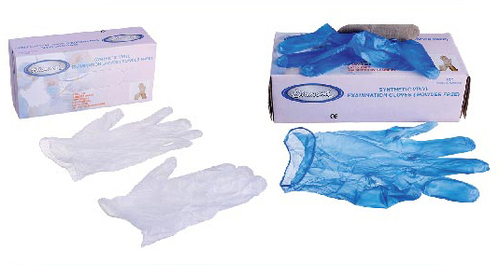 Vinyl Powder Free Examination Hand Gloves - Vinyl Material, 230 Mm Length, Clear/Blue Color, Ambidextrous Design | Latex-Free, Powder-Free, Suitable for Medical and Food Industries