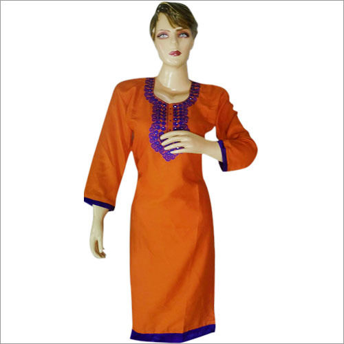 Orange Cotton Embroidery Work Kurti