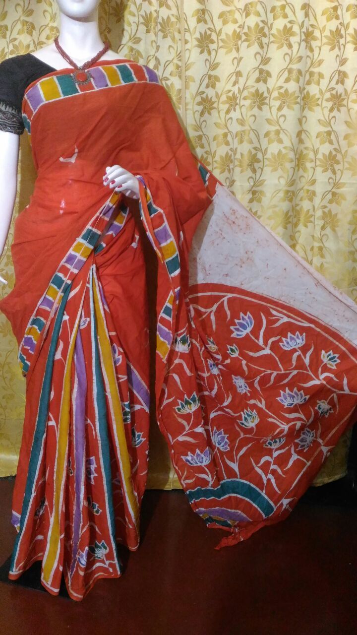 Exclusive Cotton Hand Batik Sarees - Pure Cotton Fabric, Customized Up To 40" | Handloom Printed Work, Unstitched Blouse