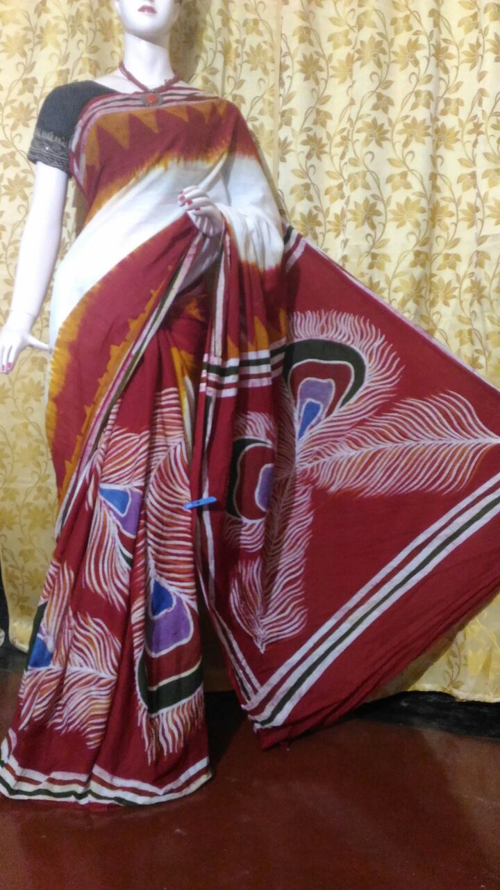 Exclusive Cotton Hand Batik Sarees - Pure Cotton Fabric, Customized Up To 40" | Handloom Printed Work, Unstitched Blouse