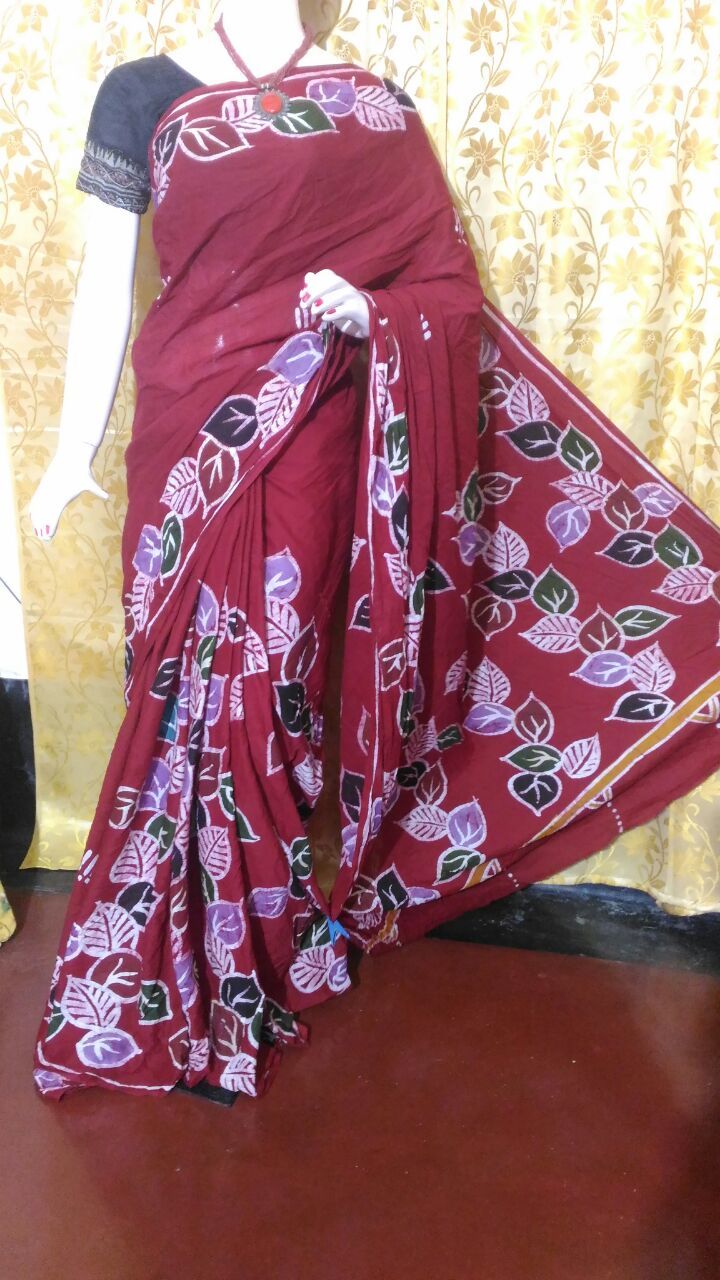 Exclusive Cotton Hand Batik Sarees - Pure Cotton Fabric, Customized Up To 40" | Handloom Printed Work, Unstitched Blouse