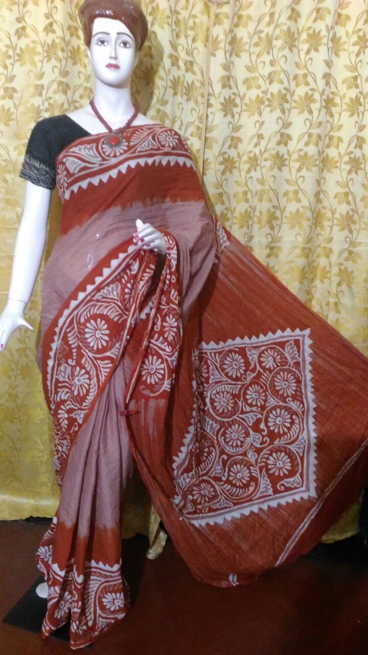 Exclusive Cotton Hand Batik Sarees - Pure Cotton Fabric, Customized Up To 40" | Handloom Printed Work, Unstitched Blouse