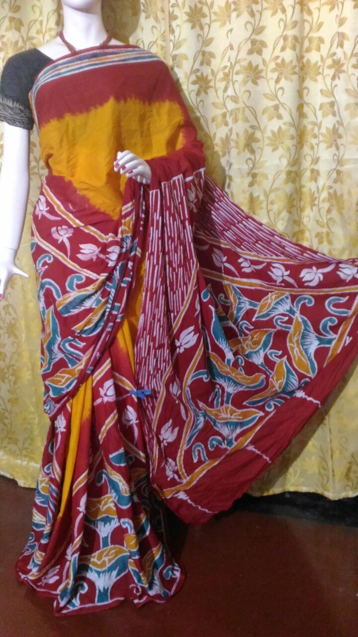 Exclusive Cotton Hand Batik Sarees - Pure Cotton Fabric, Customized Up To 40" | Handloom Printed Work, Unstitched Blouse