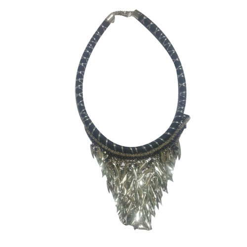 Black Thread Beaded And Silver Metal Beads Work Necklace