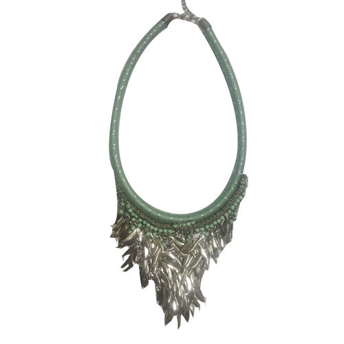 Silver Metal Beads With Green Thread Beads Work Necklace