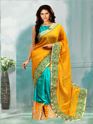 पीली क्रेप सिल्क साड़ी