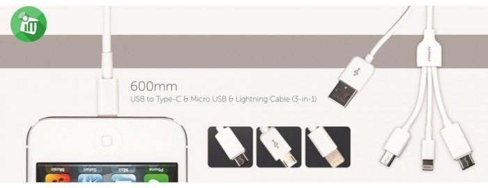 White Hoteon 3-in-1 Data Cable With C Type