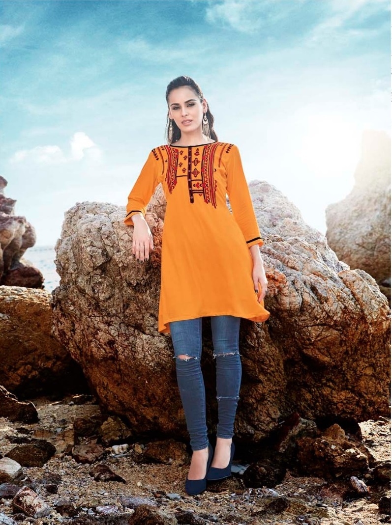Designer Short Kurti - Rayon Material, Sizes L-xxl | Embroidered 3/4 Sleeve, Simple Style, Formal And Party Wear