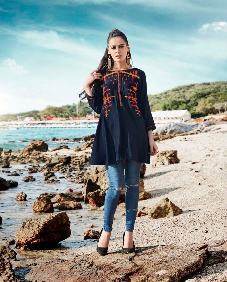Designer Short Kurti - Rayon Material, Sizes L-xxl | Embroidered 3/4 Sleeve, Simple Style, Formal And Party Wear