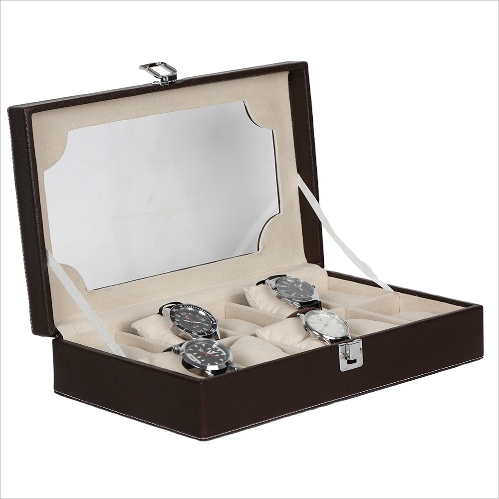 Hard Craft Watch Box - Leather, 13x8 inches, Brown | 10 Compartment Design with Satin Pillows, Glossy Finish, Easy Open Closure